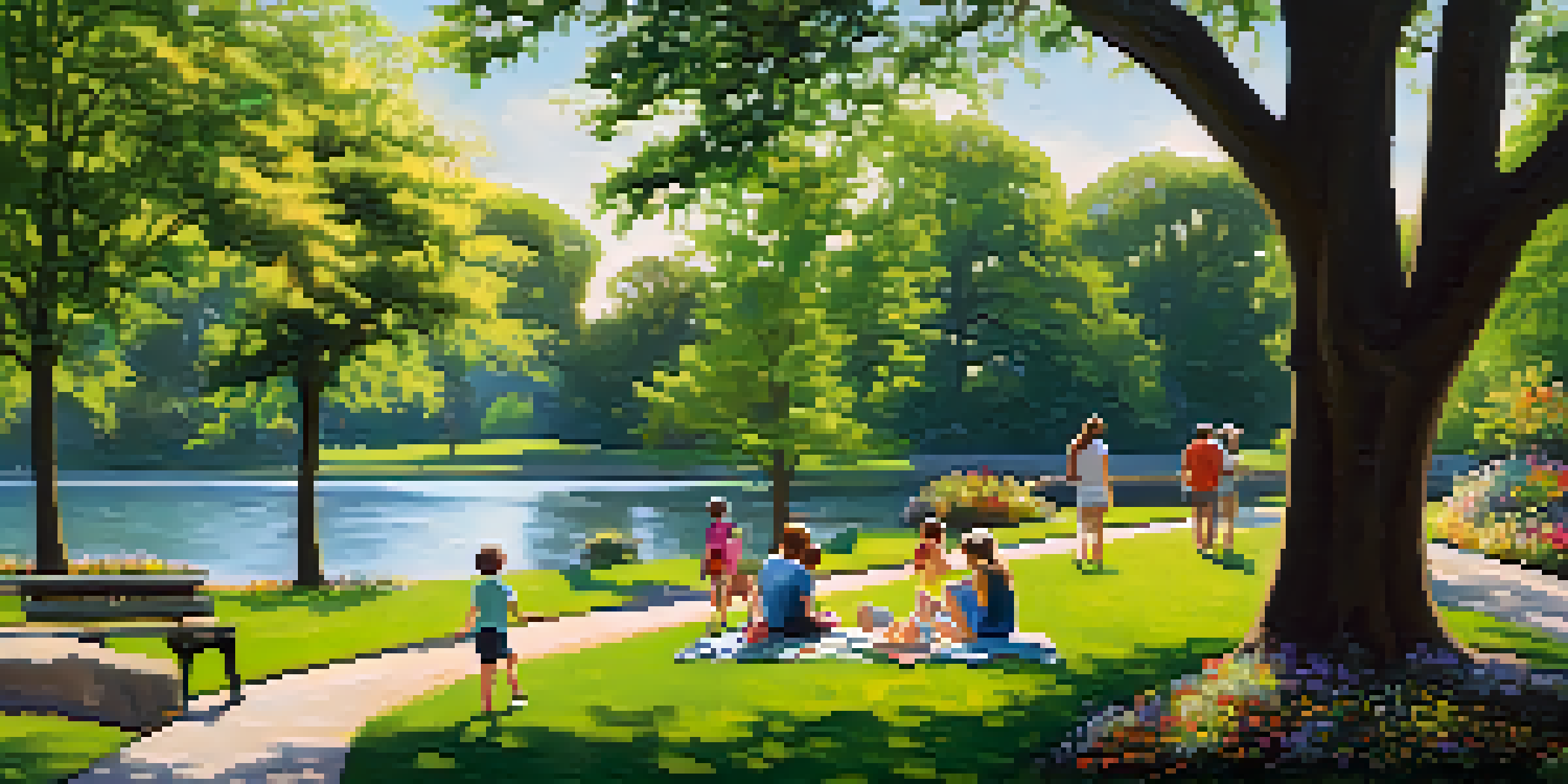 A peaceful scene in Delaware Park with families and couples enjoying nature, surrounded by flowers and tall trees.