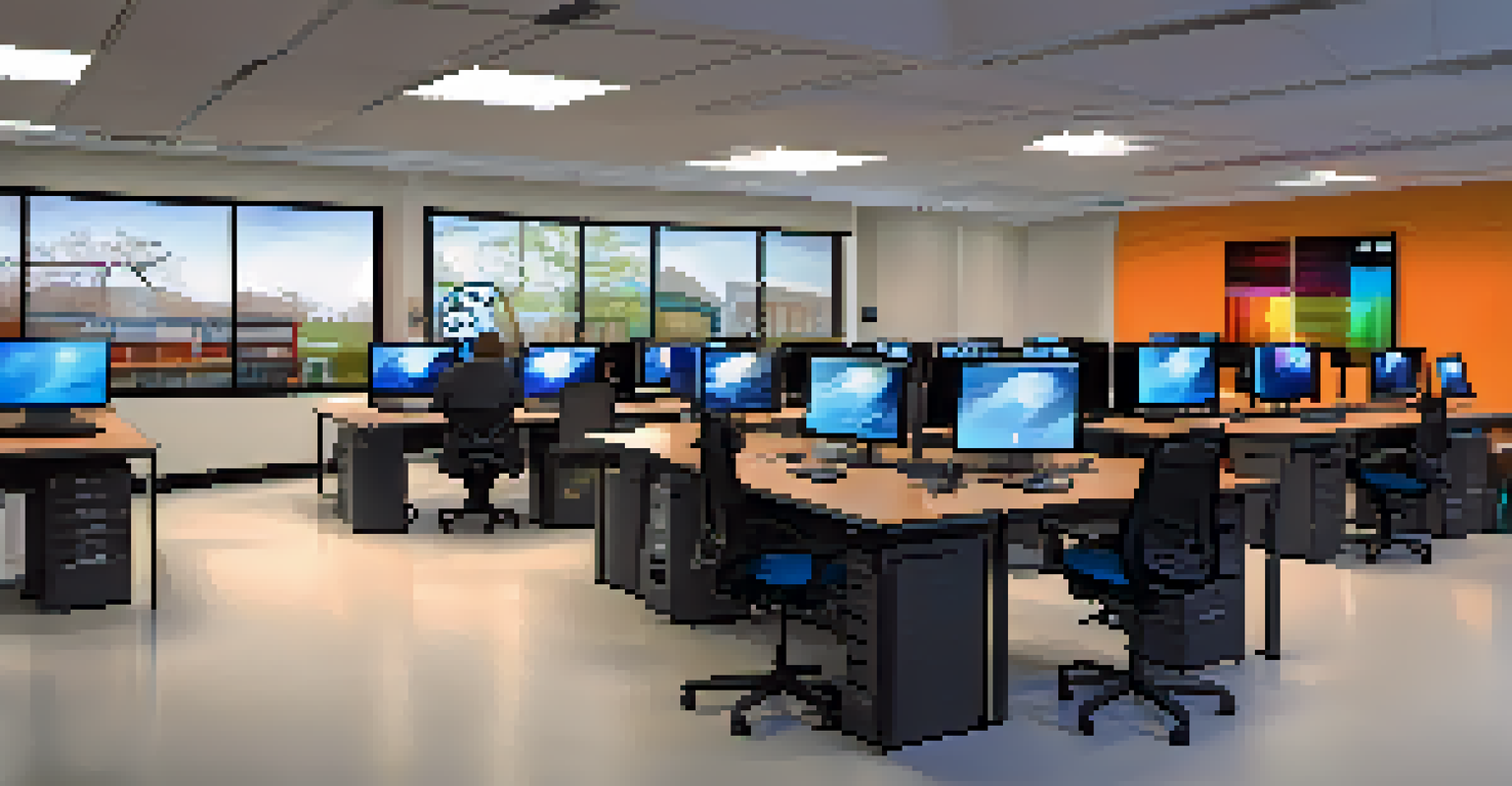 Students in Erie Community College's digital media lab working on graphic design and video production, surrounded by modern equipment.