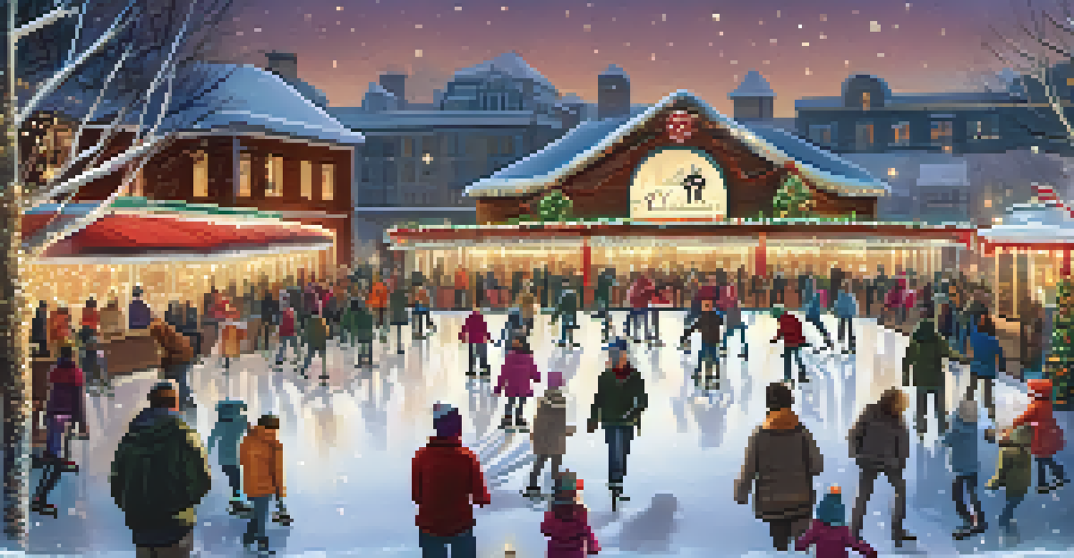 A lively outdoor ice skating rink with skaters and festive lights, along with a café in the background.