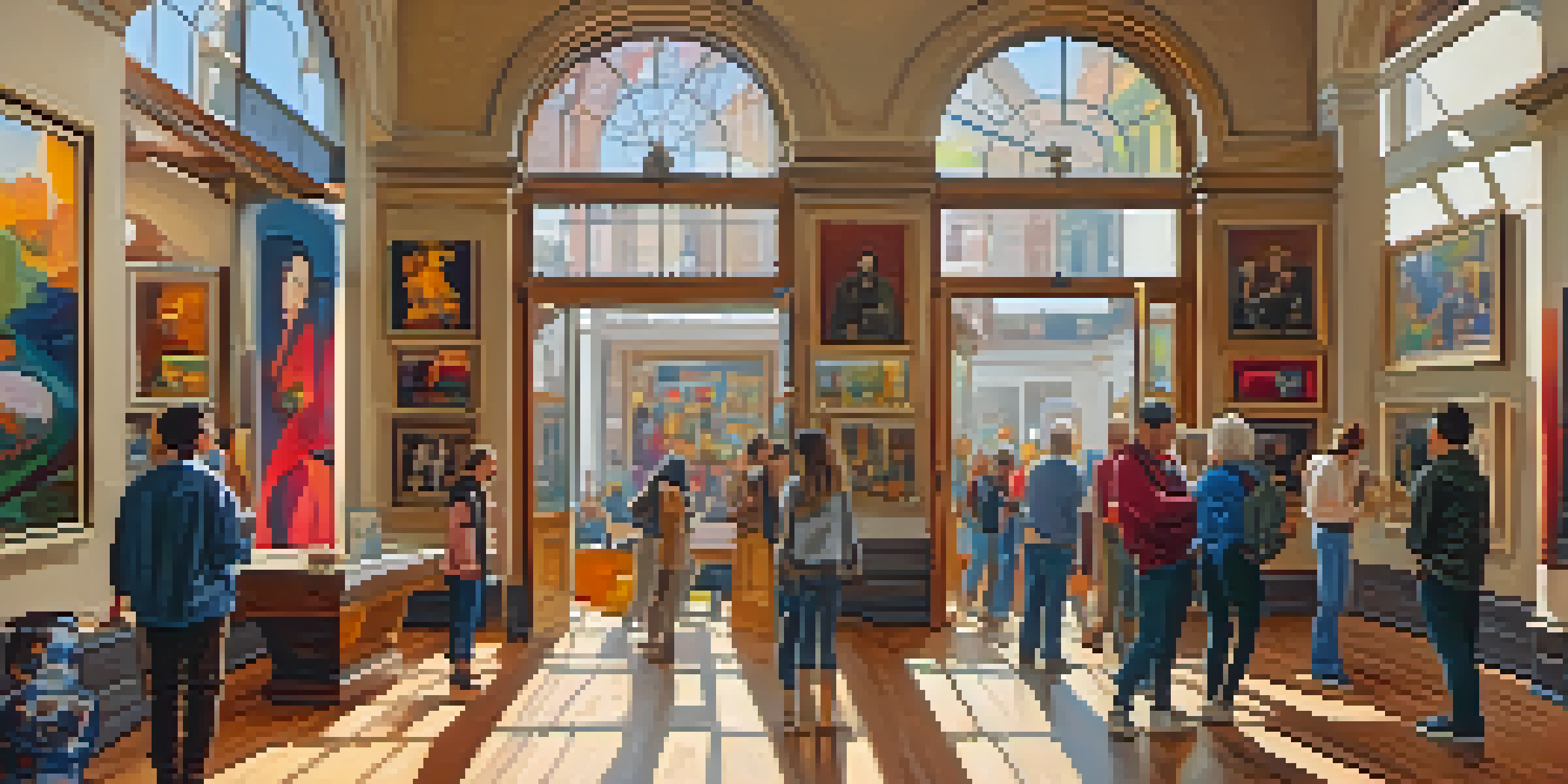 An interior view of an art gallery featuring colorful artwork, people engaged in conversation, and warm natural light.