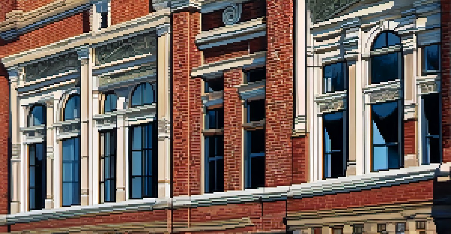 A close-up of a restored historical building in Buffalo, highlighting intricate brickwork and decorative features in afternoon sunlight.