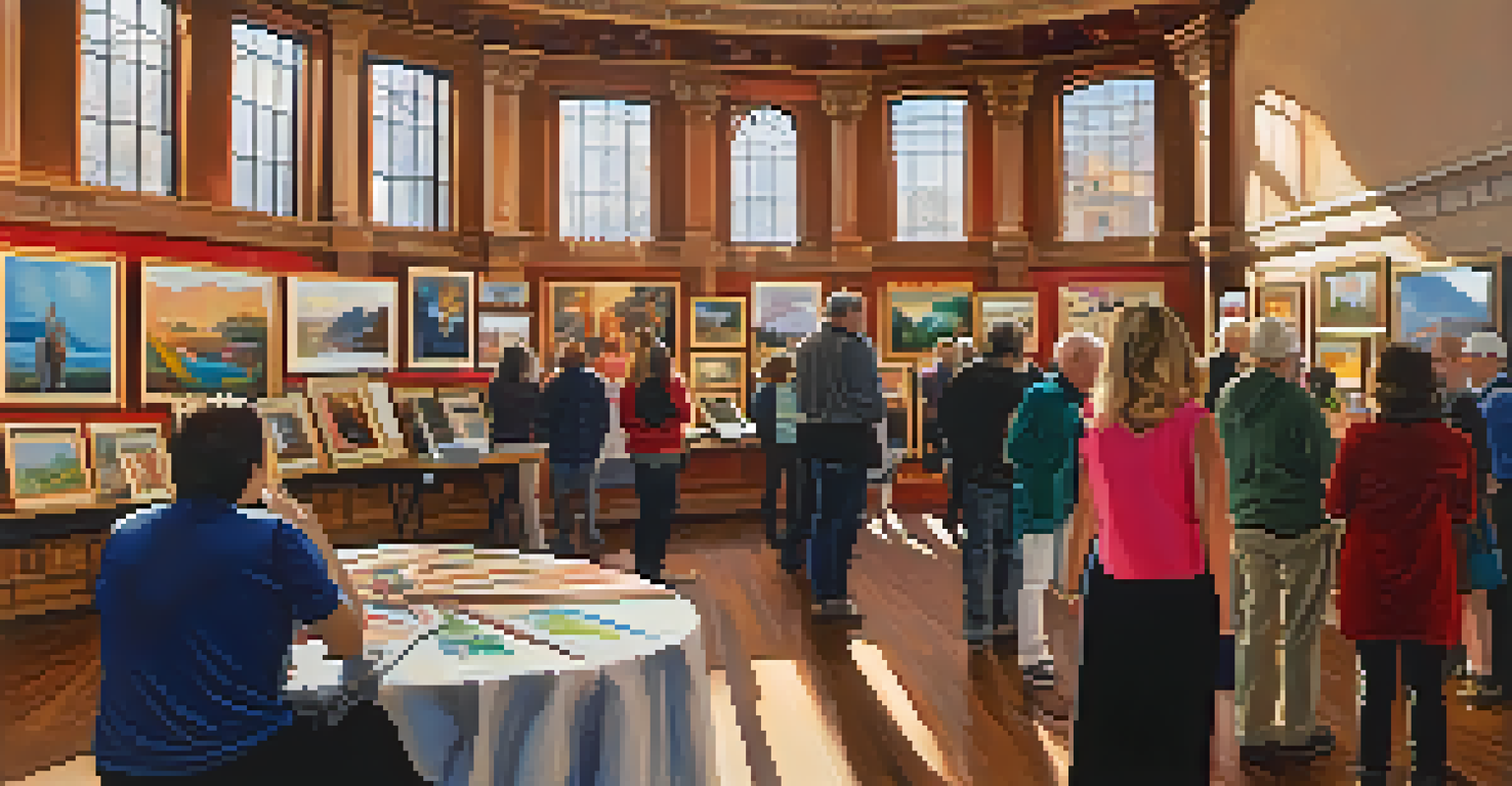 A community art show inside a historic theater, featuring local artists' work, attendees mingling, and natural light illuminating the space.