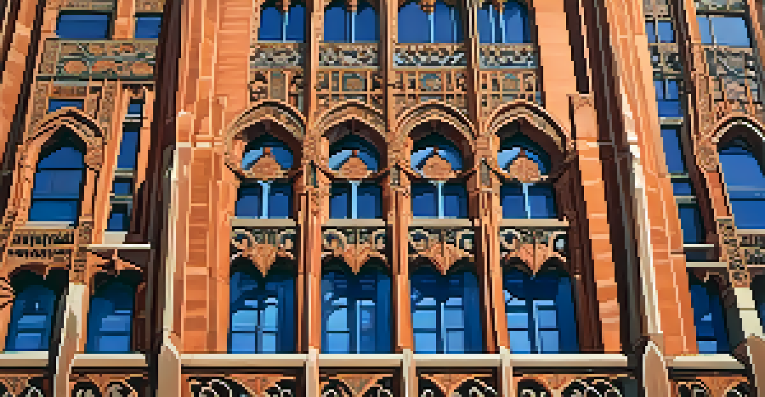 A close-up view of the Guaranty Building in Buffalo, highlighting its architectural details and surrounding flowers.