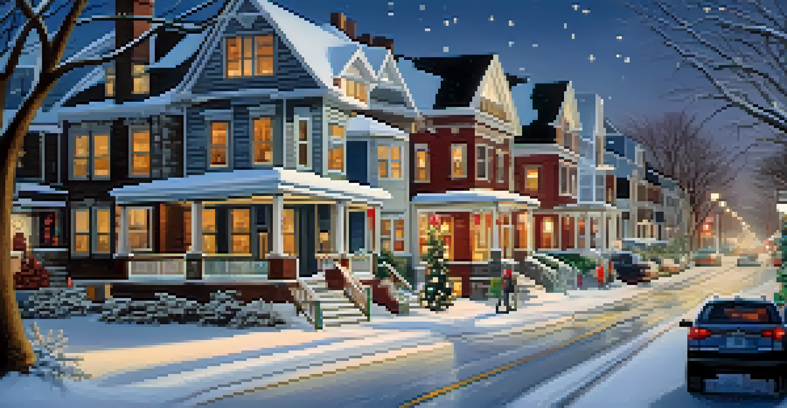 A tranquil winter scene in Buffalo with snow-covered houses and a family building a snowman.