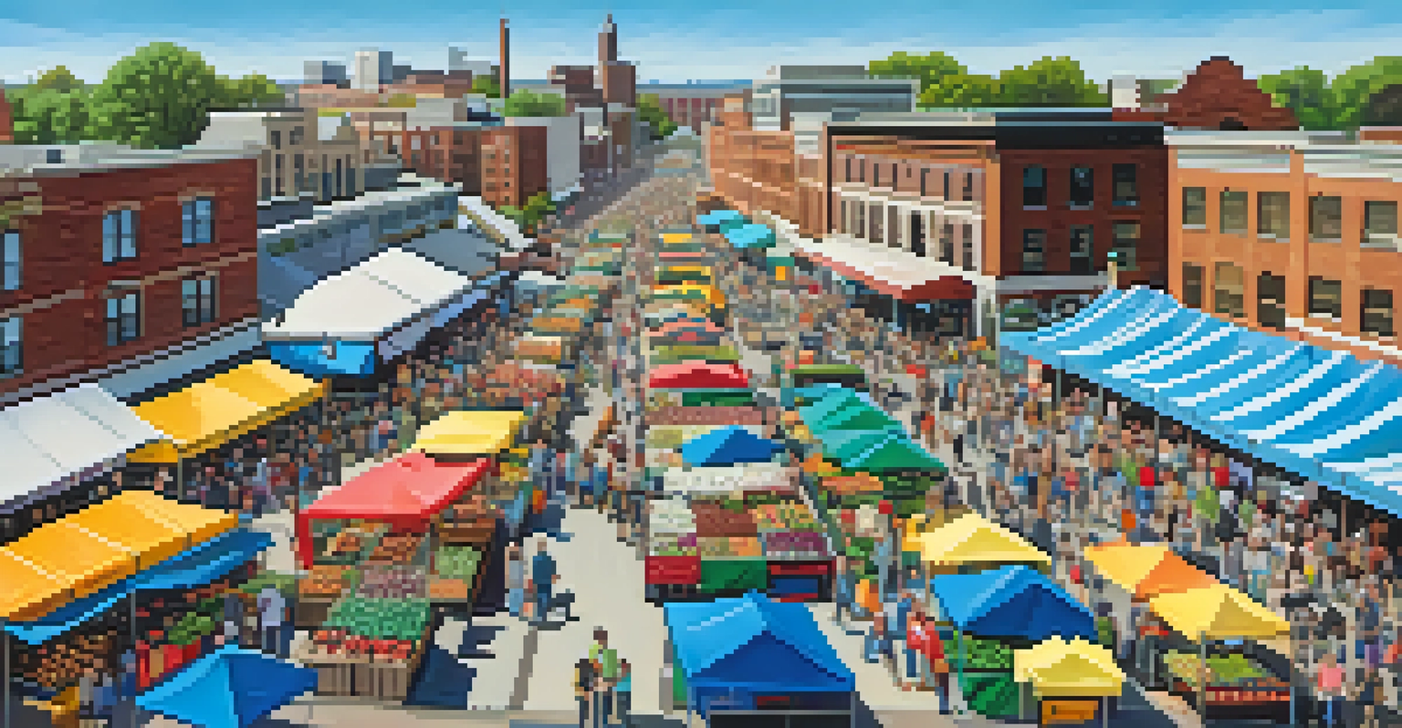 An aerial view of a farmers market in Buffalo with colorful tents and people shopping.