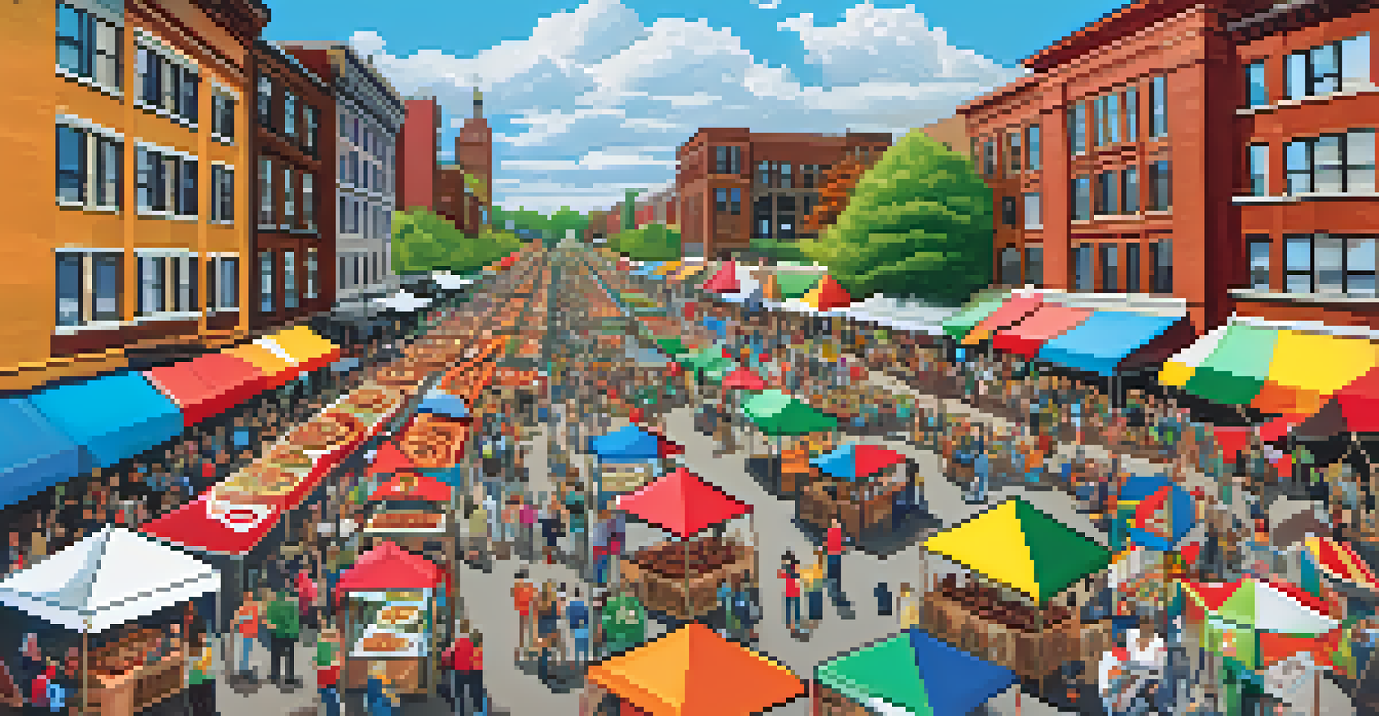 Aerial view of a pizza festival in Buffalo, featuring various pizza slices and a lively crowd enjoying the event.