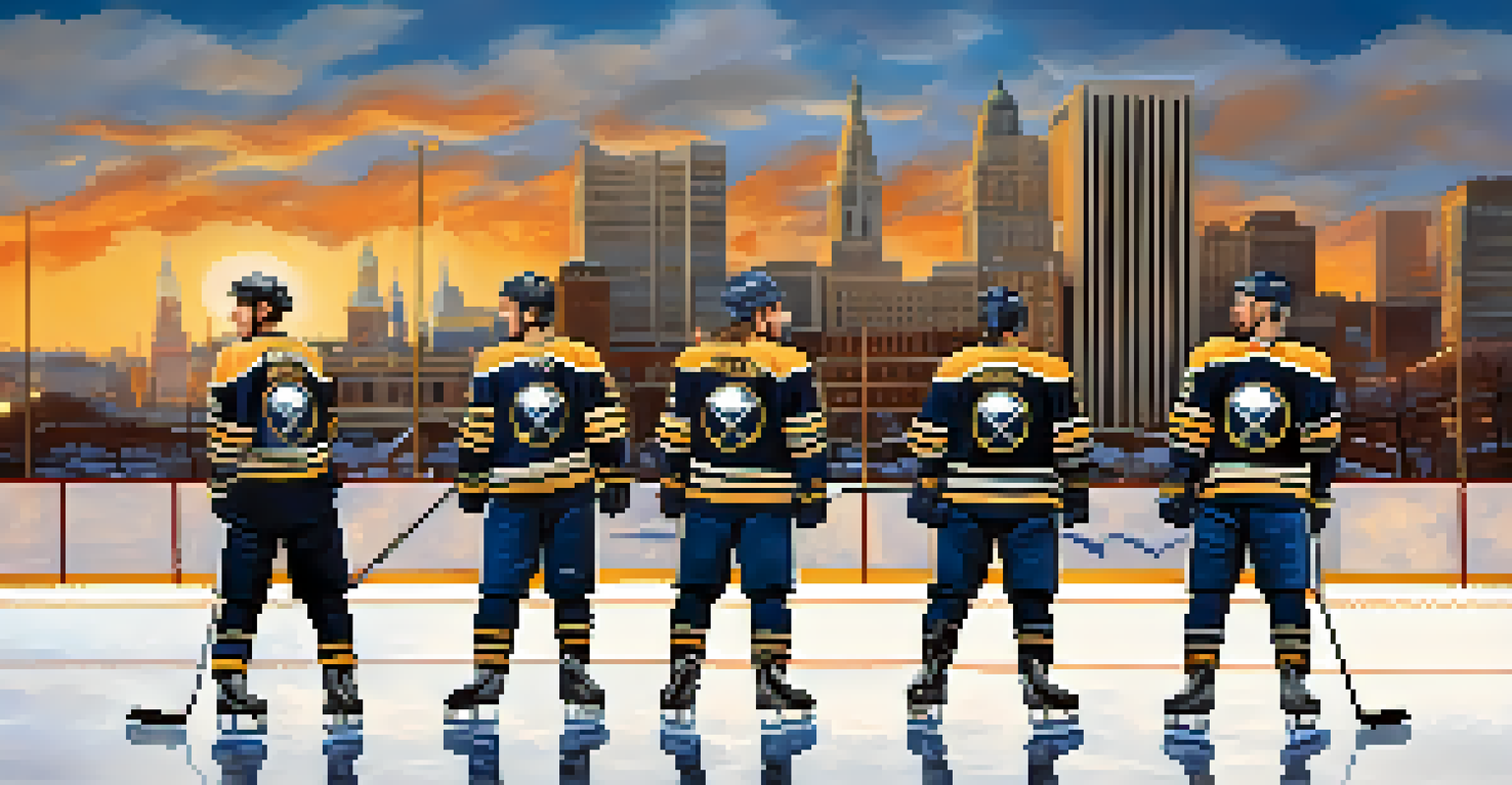 Iconic Buffalo Sabres players depicted in action poses on an ice rink with the Buffalo skyline in the background.