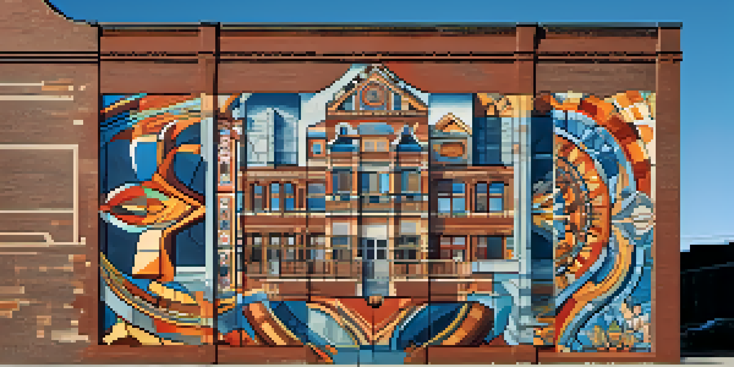 A colorful mural on a brick building in Buffalo, depicting local cultural themes under a blue sky.