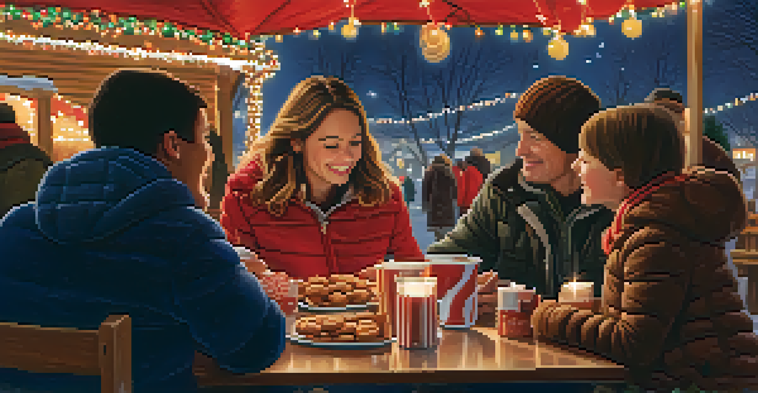 Families at a picnic table enjoying hot cocoa and gingerbread cookies, surrounded by twinkling lights and festive decorations.