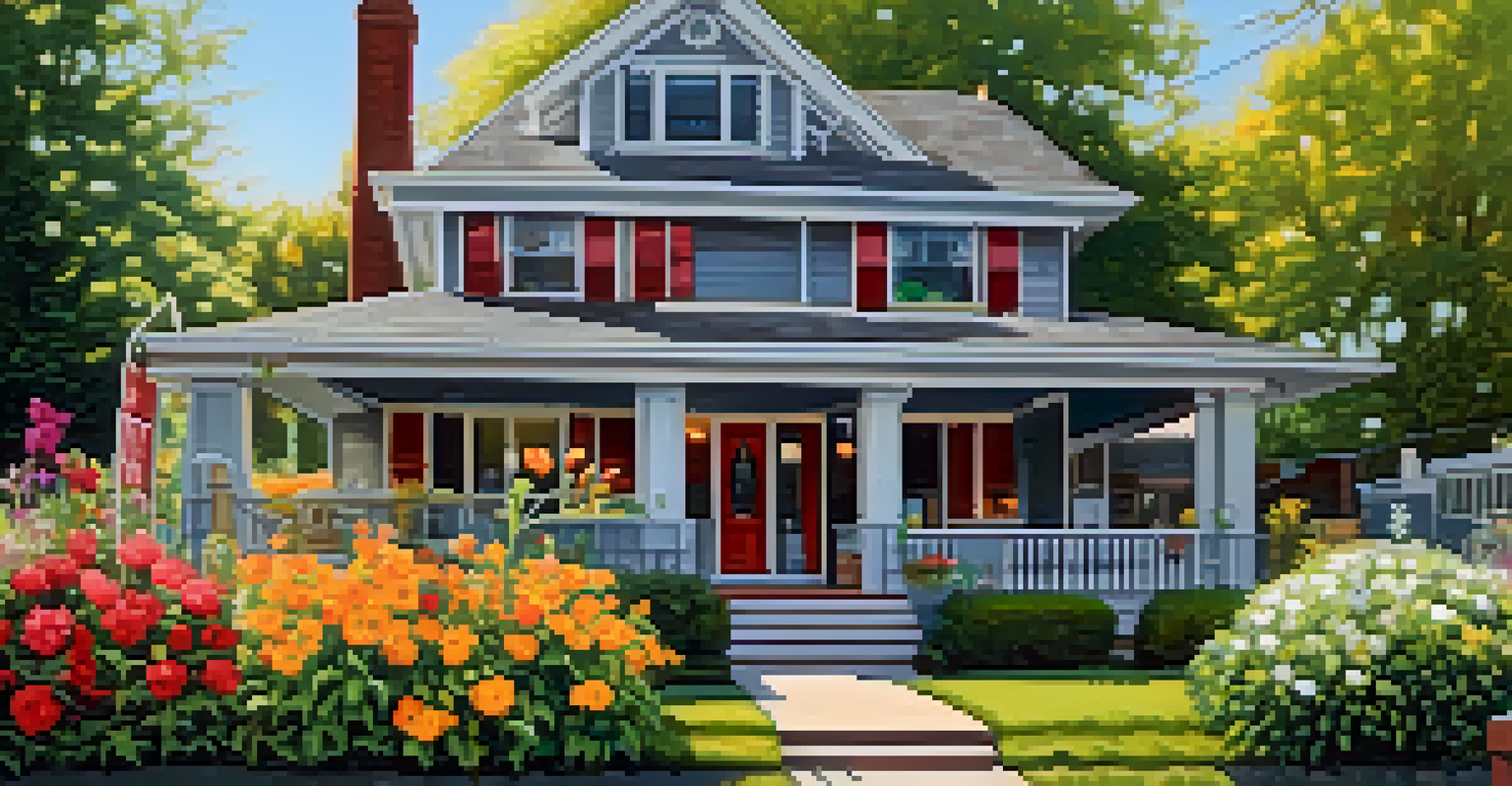 A close-up of a 'For Sale' sign in front of a charming Buffalo home with a vibrant garden under bright sunlight.