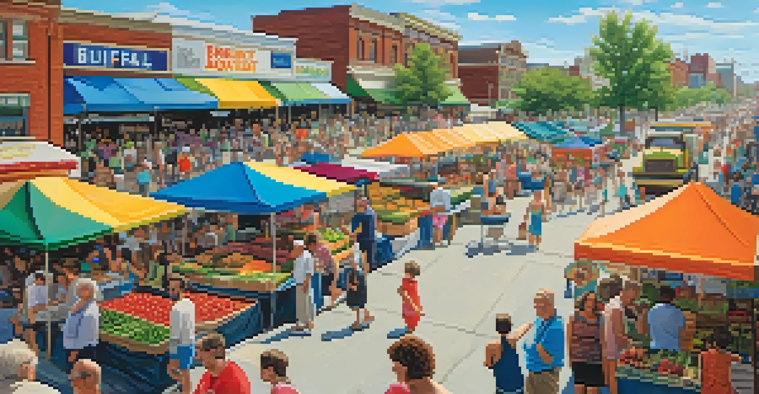 A lively summer farmers' market in Buffalo, filled with colorful produce and a crowd enjoying the festivities.