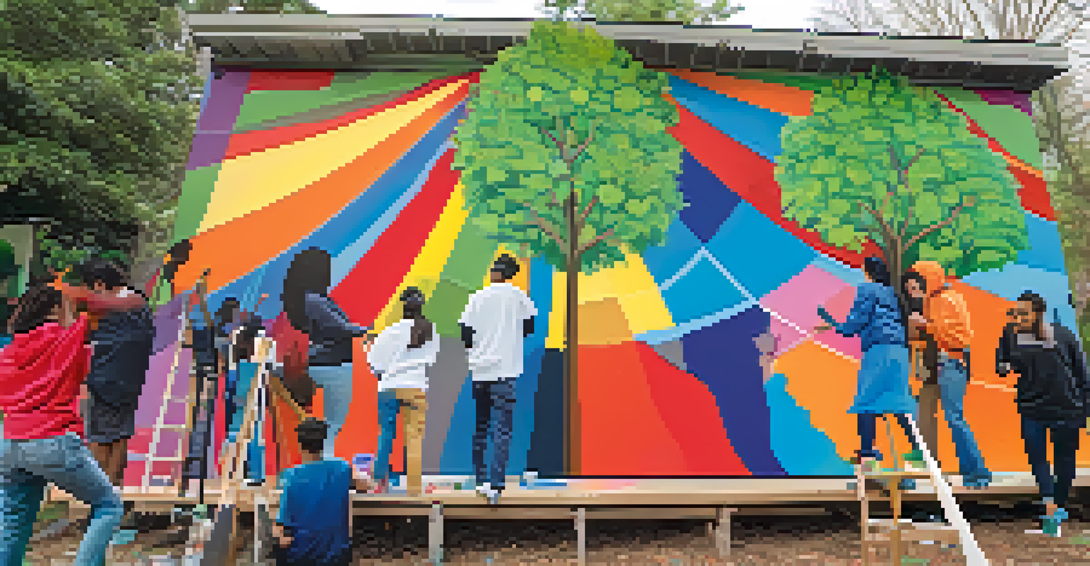 Students collaborating with a local artist on a colorful outdoor mural representing their community's cultural heritage.