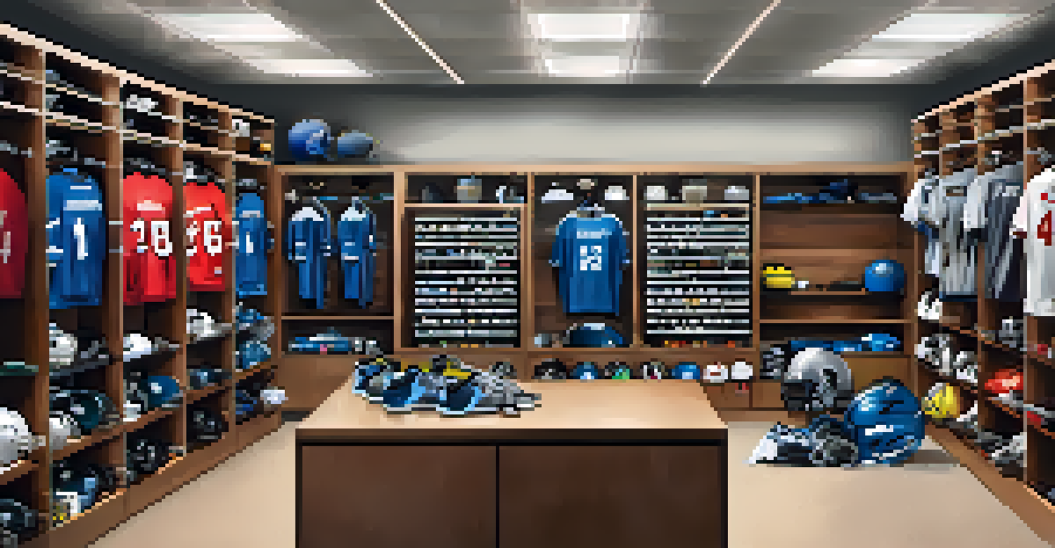 An equipment manager organizing sports gear in a locker room with shelves filled with helmets and jerseys.