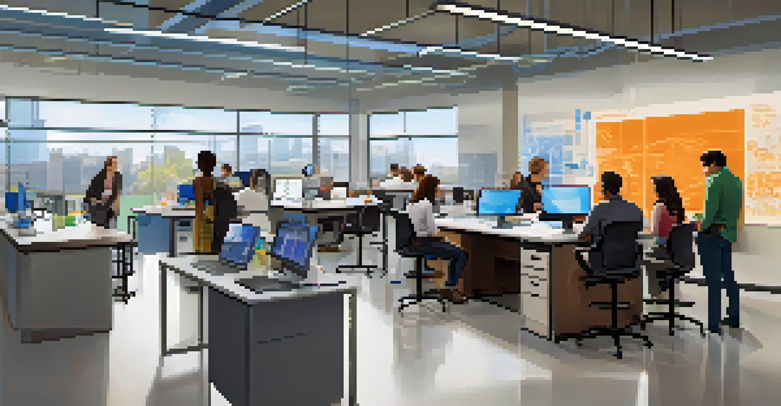 Inside a modern research lab at a Buffalo university, students of diverse backgrounds collaborating on a project with advanced technology and lab equipment.
