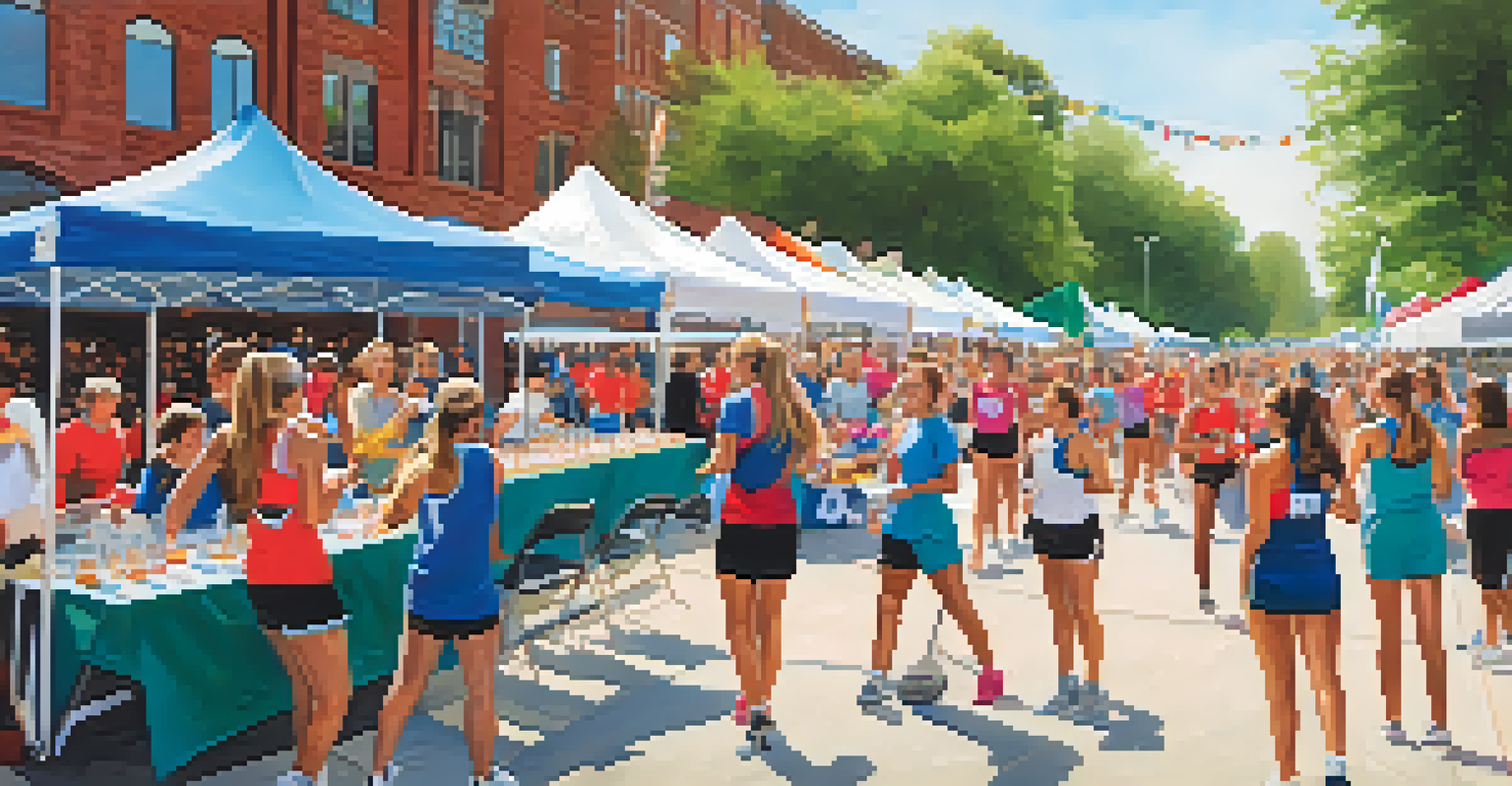 A community event promoting women's sports, with booths and participants engaged in different athletic activities.