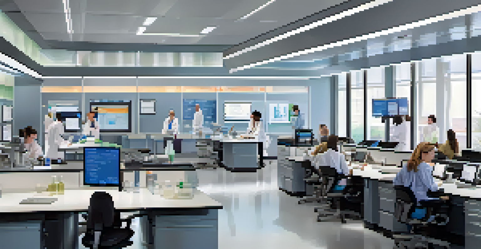 A modern research lab at Roswell Park, depicting scientists collaborating on cancer research.