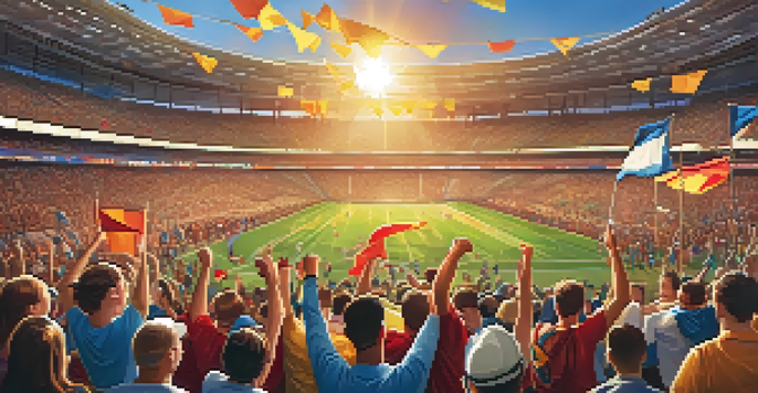 A packed stadium with fans cheering, colorful banners, and a sunset in the background.