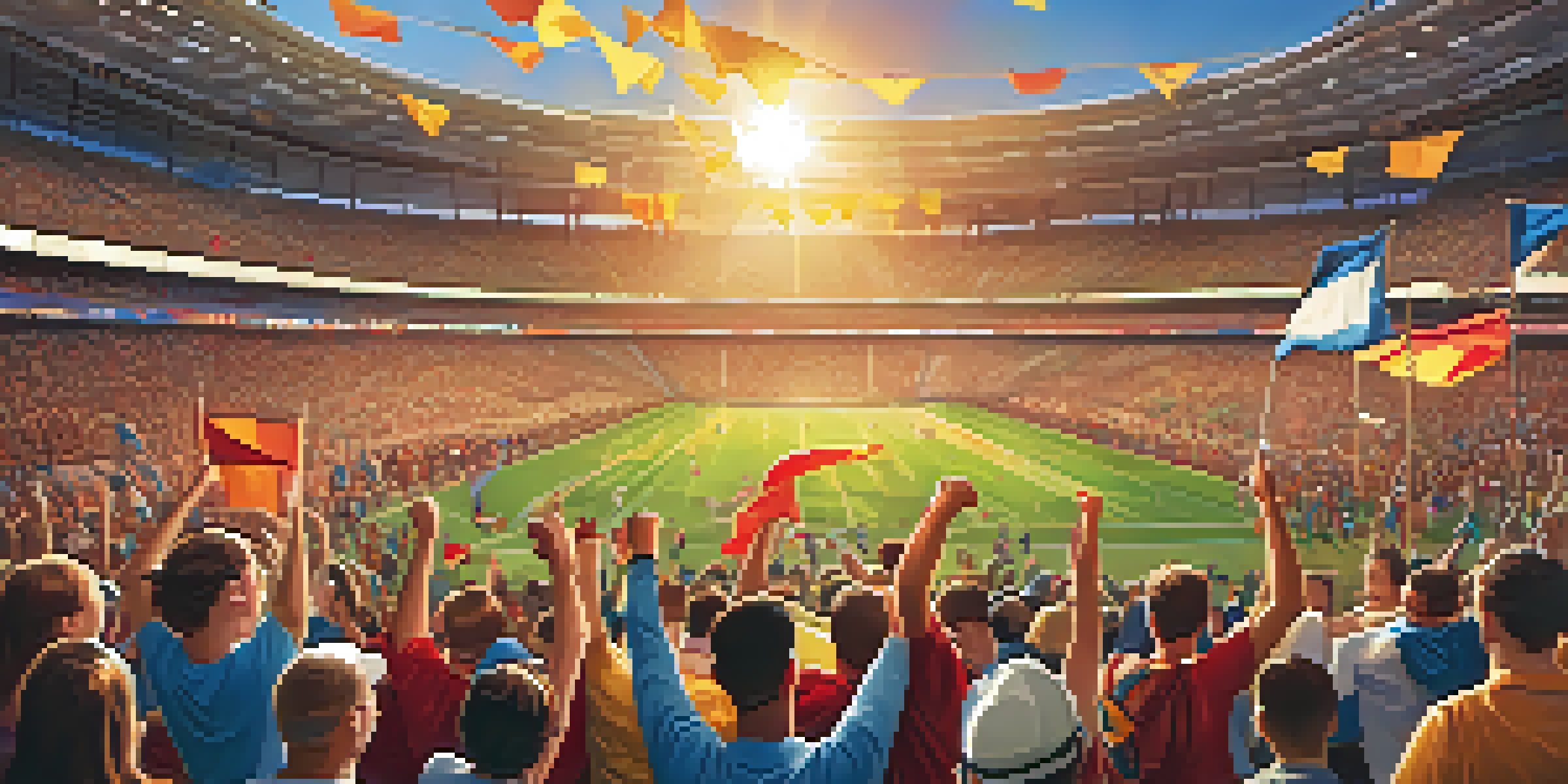 A packed stadium with fans cheering, colorful banners, and a sunset in the background.