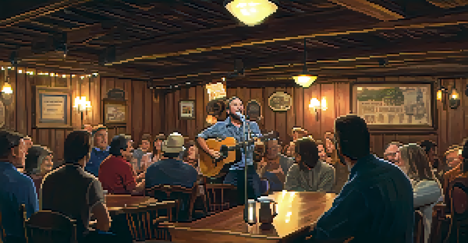 An intimate folk music performance at Sportsmen's Tavern, highlighting a musician singing passionately to an engaged audience.