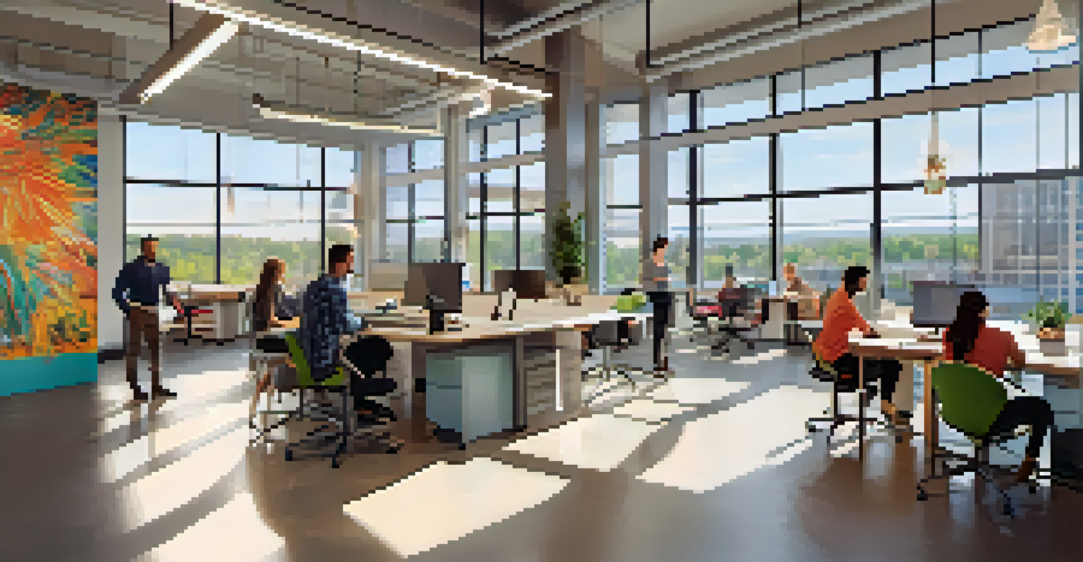 A modern tech startup office in Buffalo with collaborative workspaces, vibrant murals, and employees brainstorming together.