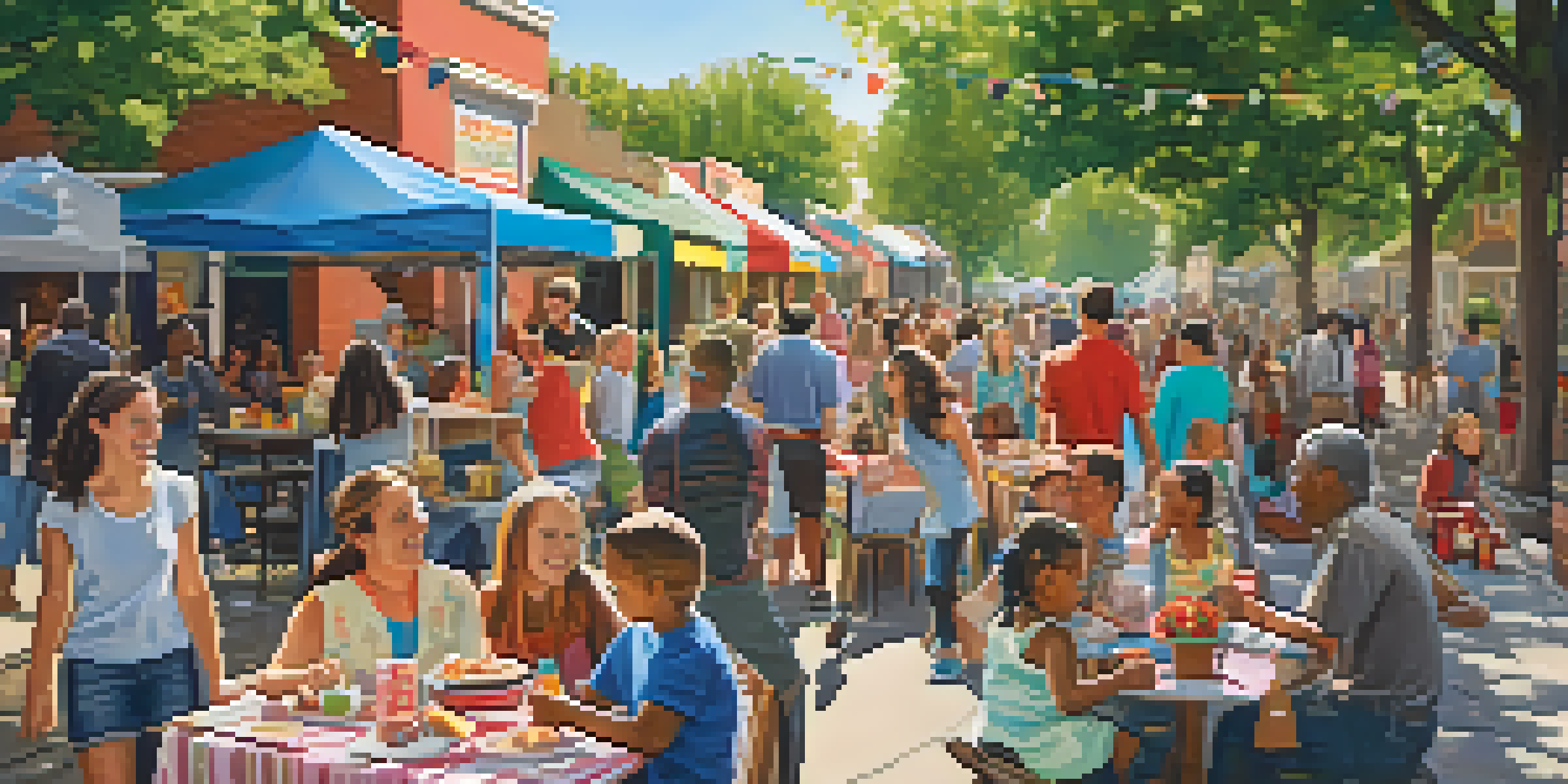 A lively neighborhood block party with diverse residents enjoying food and games outdoors.