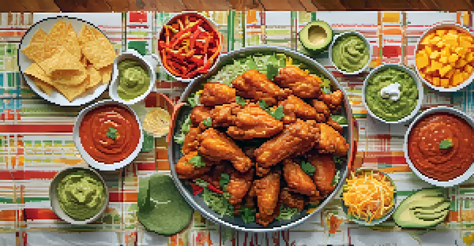 A festive table spread featuring different flavors of Buffalo wings and colorful dips with fresh vegetables.