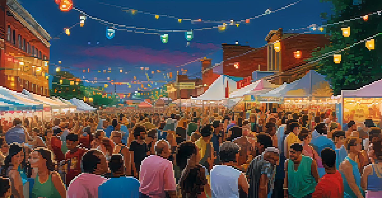 A vibrant music festival scene with multiple performers on stage, enthusiastic attendees dancing, and colorful lights in the evening sky.