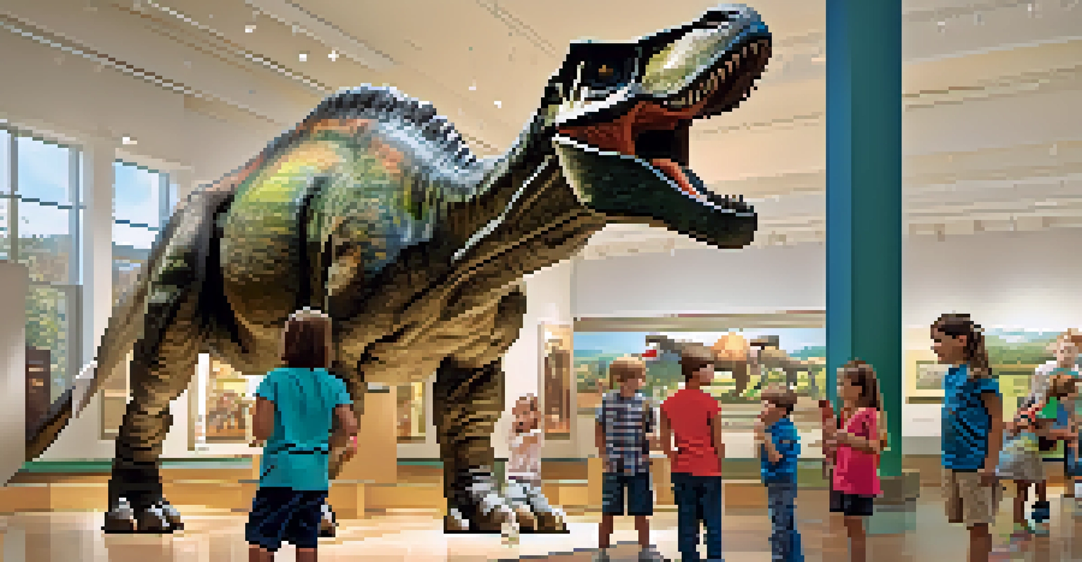 Children interacting with a dinosaur exhibit at the Buffalo Museum of Science, with parents in the background.