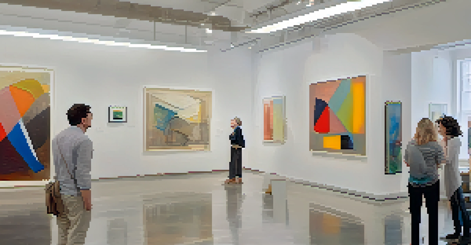Inside a contemporary art gallery in Buffalo, with modern artworks and an artist engaging with visitors in a bright, welcoming space.
