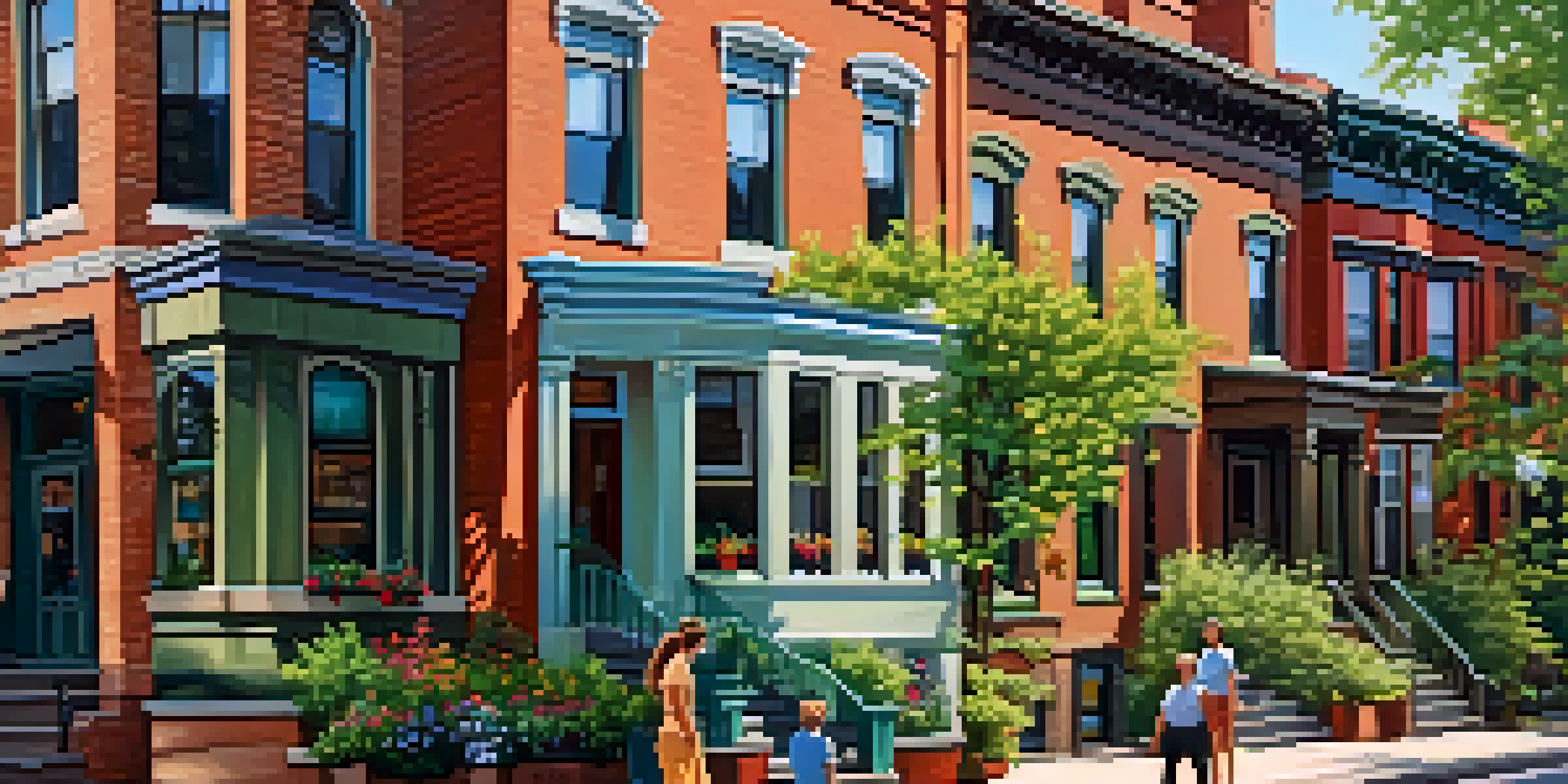 A street view of Elmwood Village in Buffalo, featuring historic homes and trees under warm sunlight.