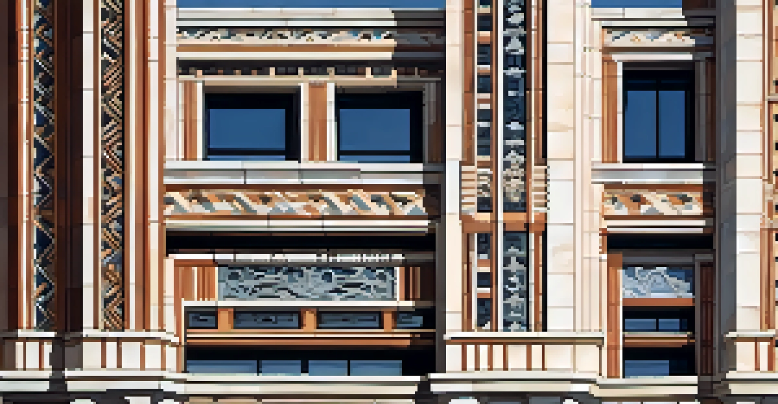 Close-up of the Marine Midland Building's geometric patterns and textures, with light creating shadows on the facade.
