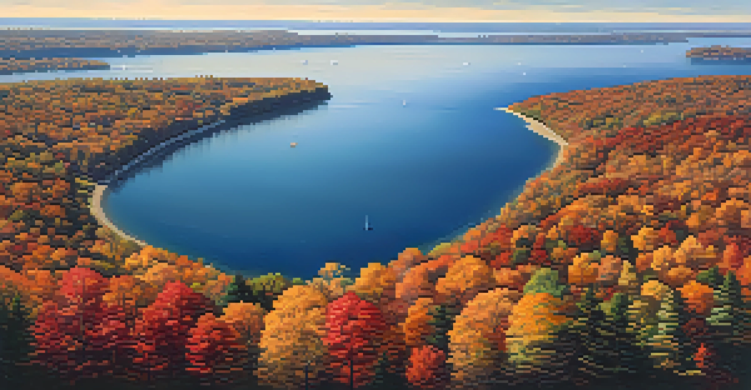 An aerial view of Lake Erie in autumn, with vibrant fall foliage and a deep blue lake, showcasing the beauty of the season.