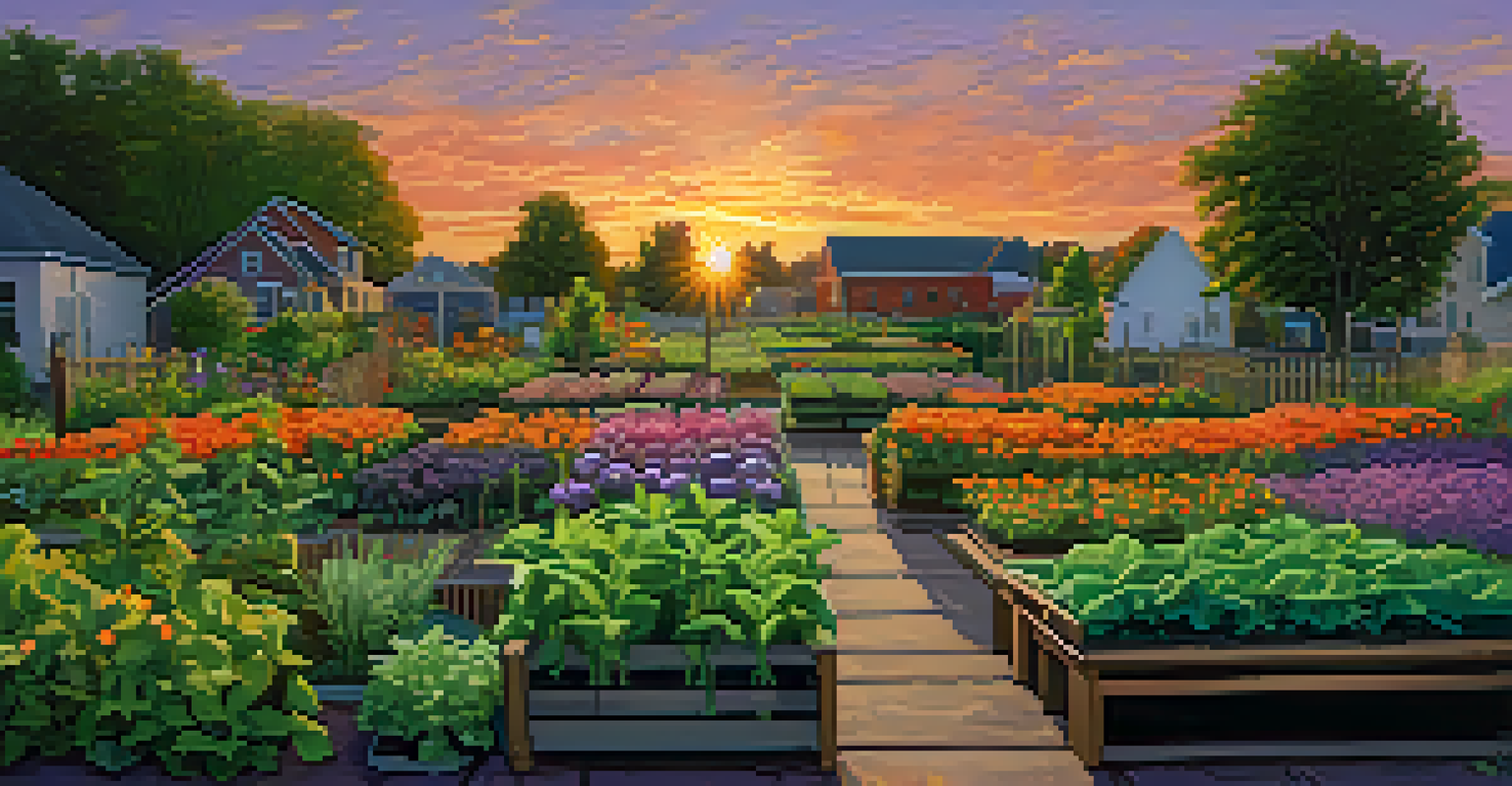A community garden at sunset, featuring rows of vegetables and flowers under a colorful sky.