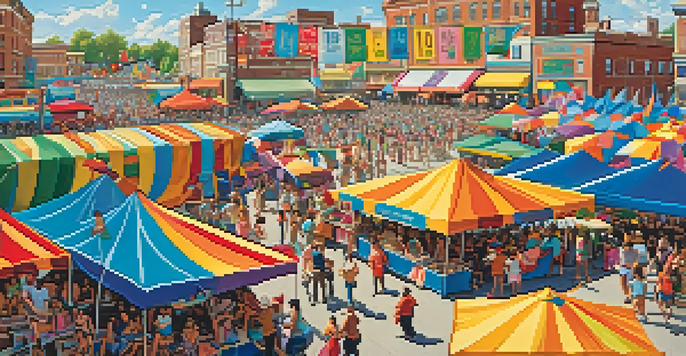 A vibrant summer festival in Buffalo with a diverse crowd dancing and enjoying live music under a clear sky, food stalls visible in the background.