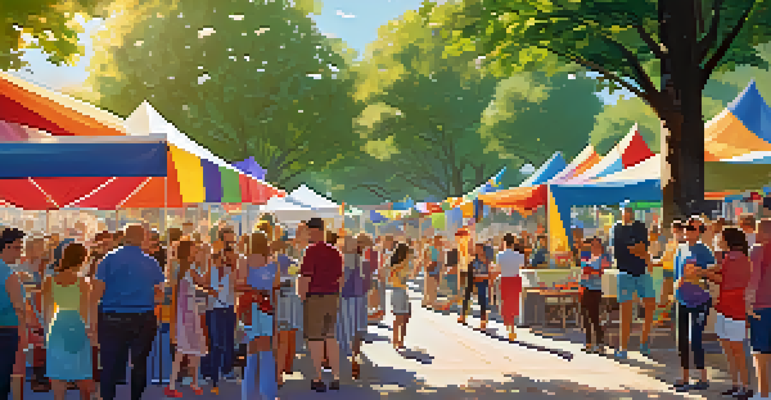 A sunny outdoor pride event in a park, featuring people celebrating with banners and food stalls.