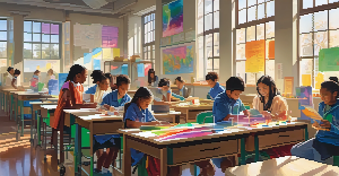 A diverse group of students in a classroom conducting a science experiment, with sunlight illuminating their engaged expressions.