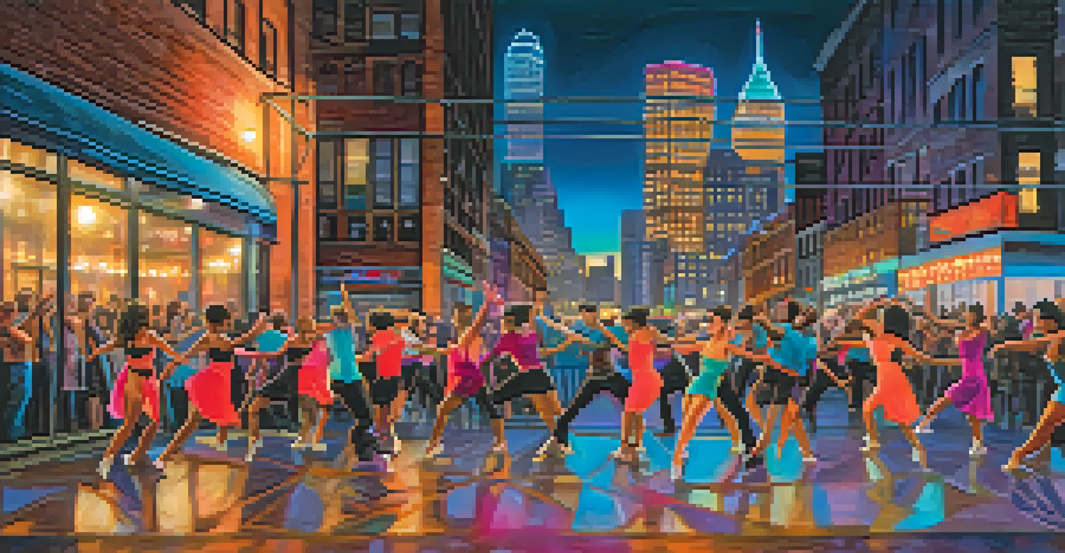 A contemporary dance performance in Buffalo with diverse dancers and an illuminated urban backdrop.