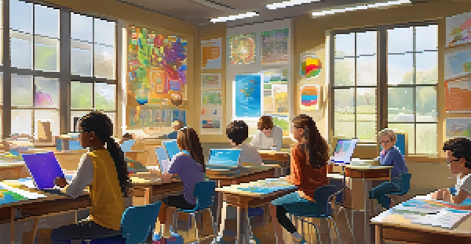 A lively classroom where students are actively participating in project-based learning, with a teacher guiding them and colorful decorations around.