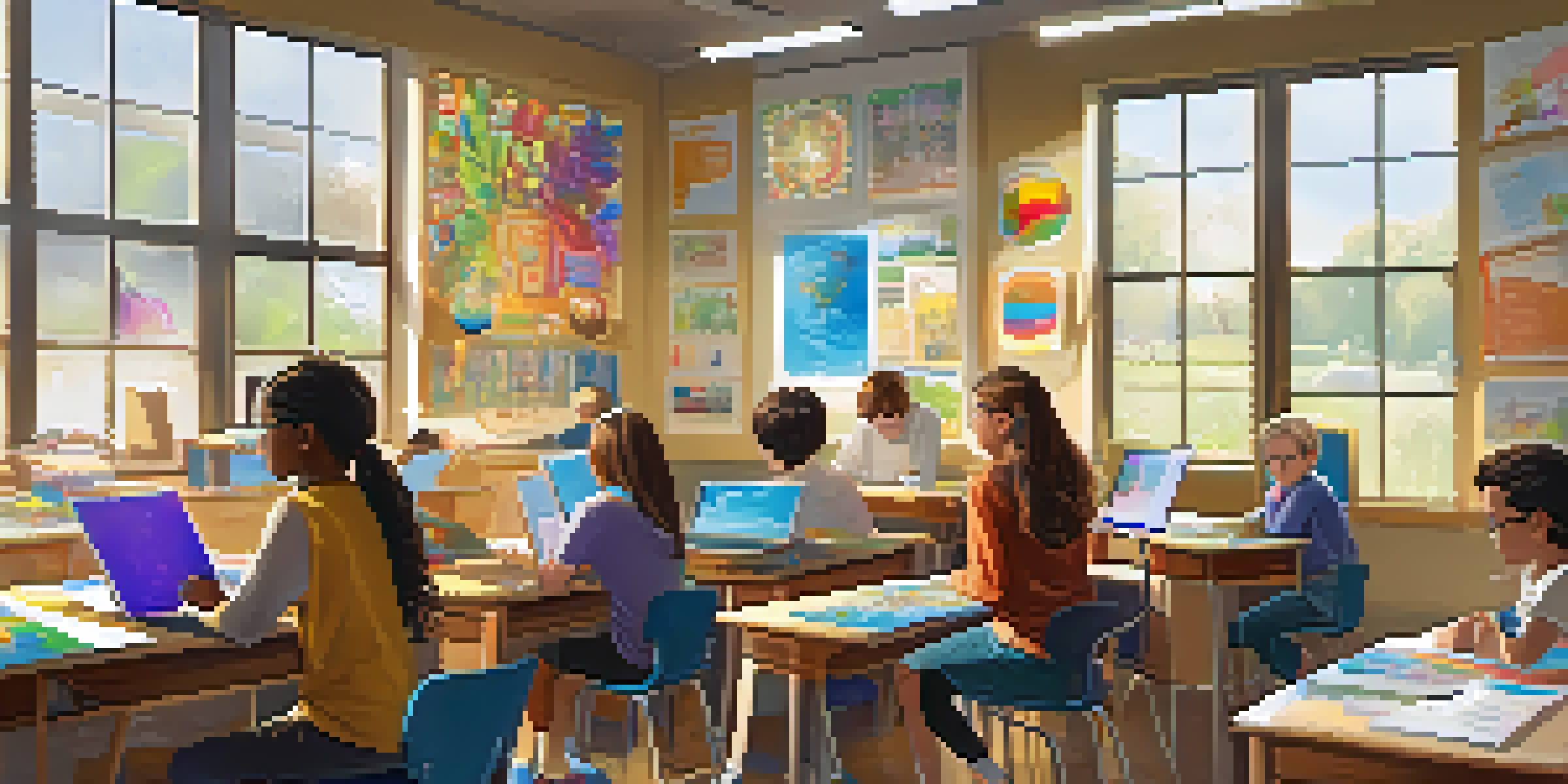 A lively classroom where students are actively participating in project-based learning, with a teacher guiding them and colorful decorations around.