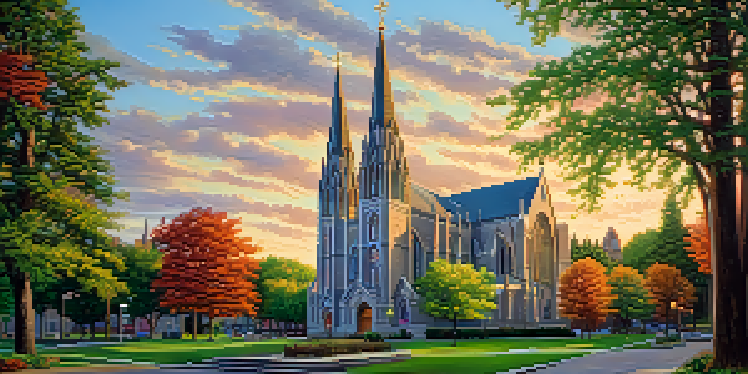 A view of St. Joseph's Cathedral, highlighting its Gothic Revival architecture with spires and stained glass windows, bathed in warm golden hour light.