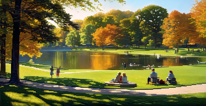 A peaceful park with green lawns, a calm lake, and people enjoying outdoor activities.