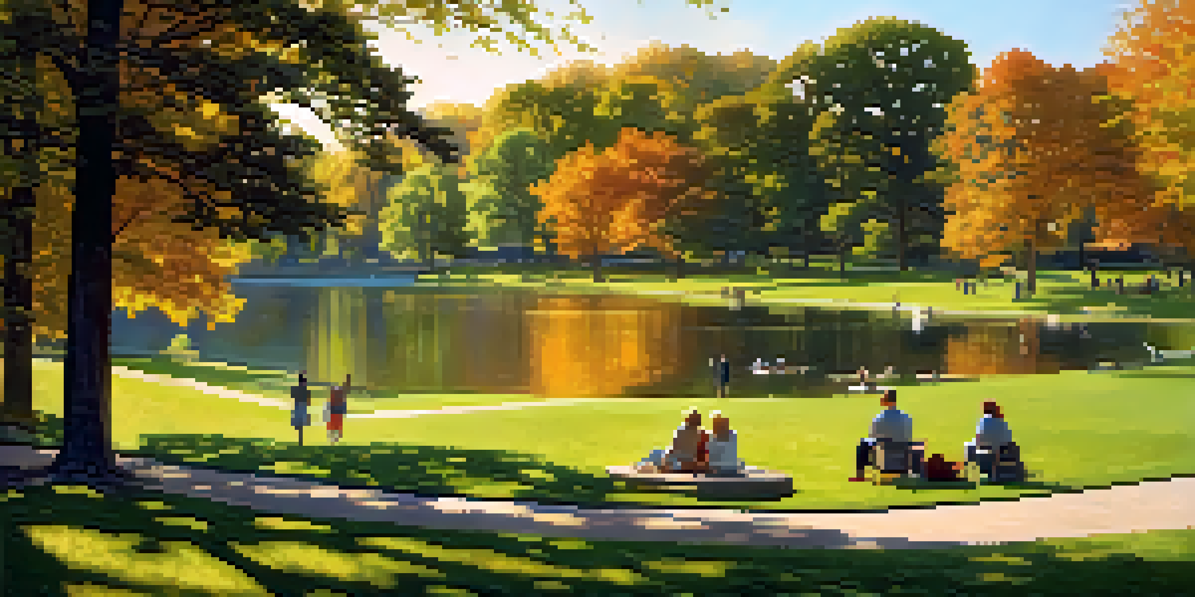 A peaceful park with green lawns, a calm lake, and people enjoying outdoor activities.