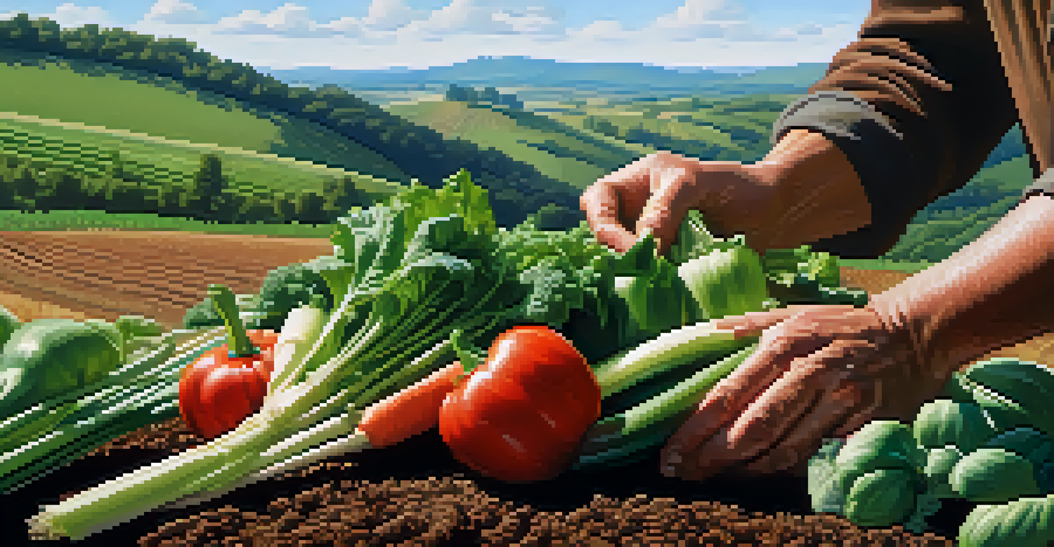 Close-up of a farmer's hands tending to organic vegetables in rich soil in a sunny Buffalo field.