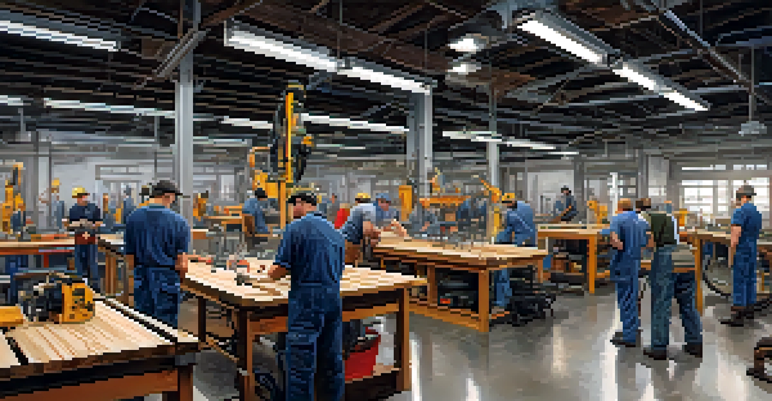 An industrial training workshop with diverse adults learning hands-on skills, surrounded by tools and equipment under bright overhead lights.
