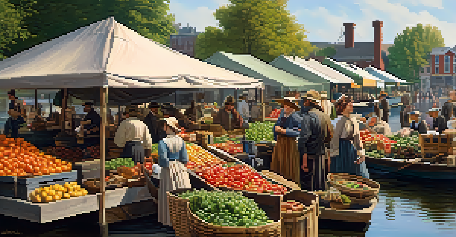 A lively historical scene of a market along the Erie Canal in the 19th century, featuring merchants and diverse community interactions.