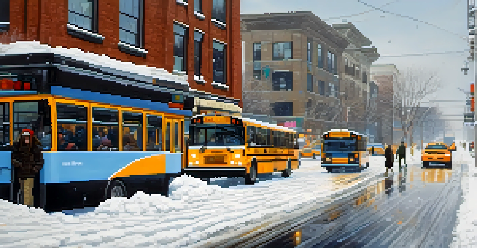 A snowy urban scene in Buffalo with a bus stop, people waiting, and snowplows clearing the roads.