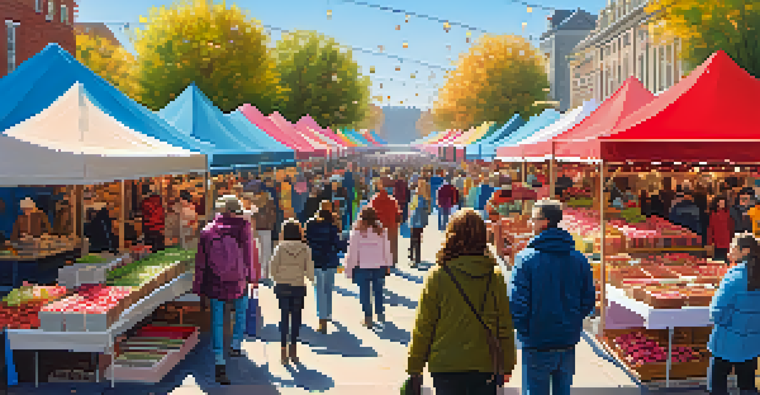 A lively Valentine's Day market with couples enjoying the festive atmosphere, browsing colorful stalls and sampling delicious treats.