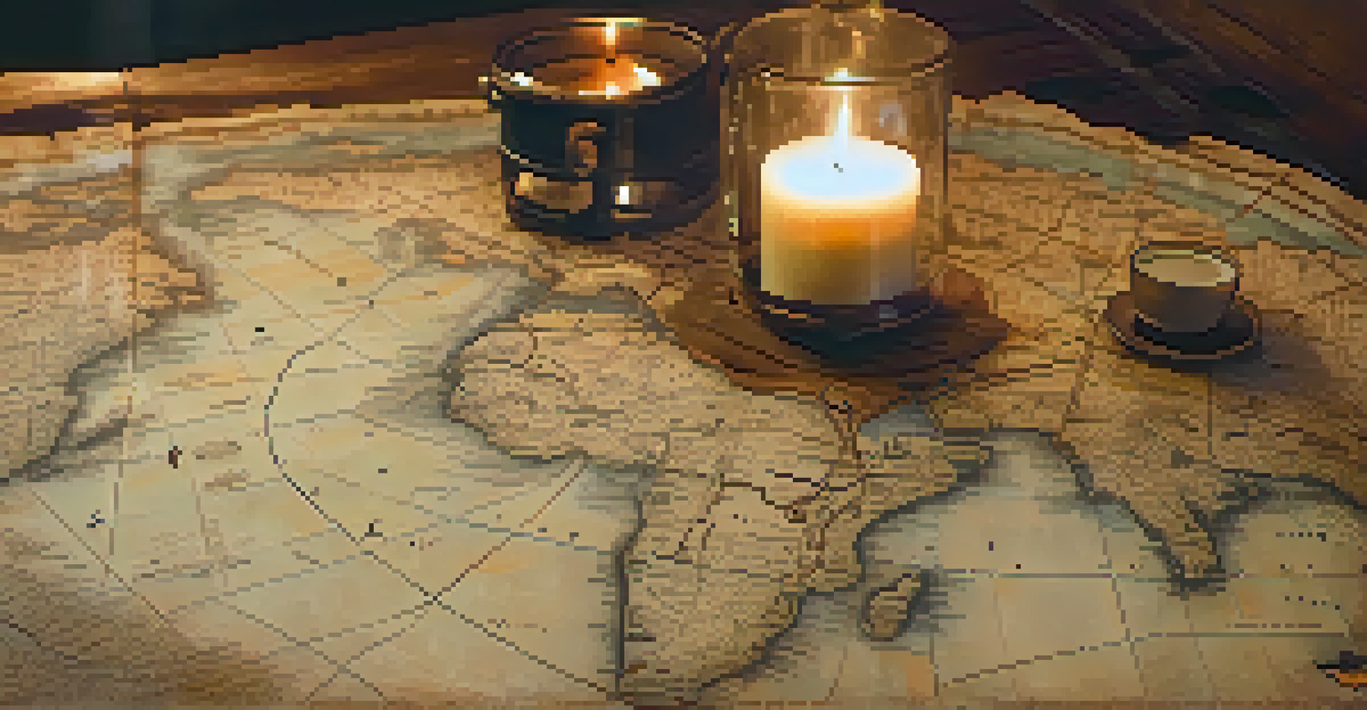 An aged map of the Underground Railroad on a wooden table, surrounded by vintage items like a compass and a candle.