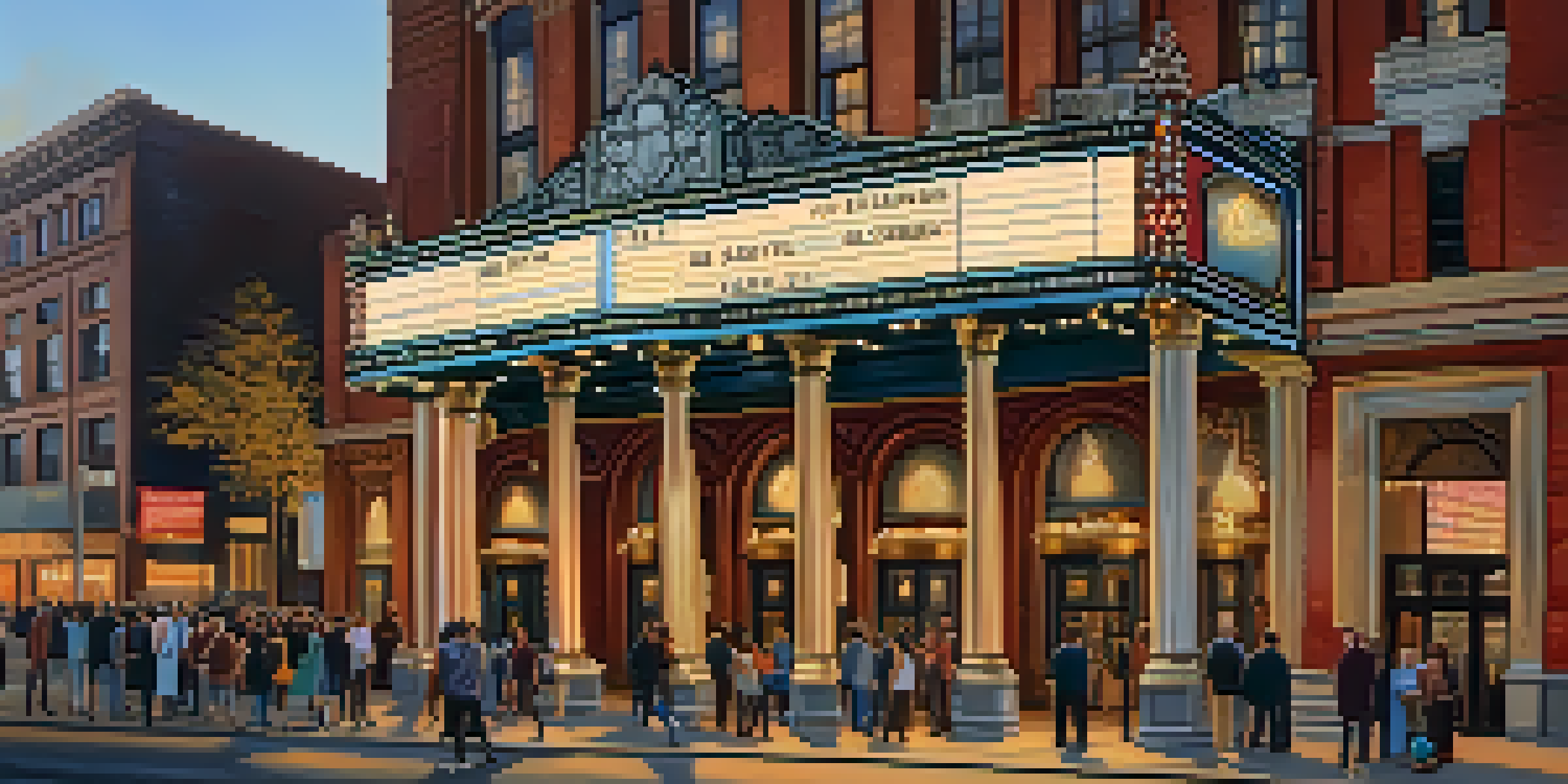 A historic theater in Buffalo with ornate architecture, warm sunset lighting, and a lively crowd of diverse people gathering outside.