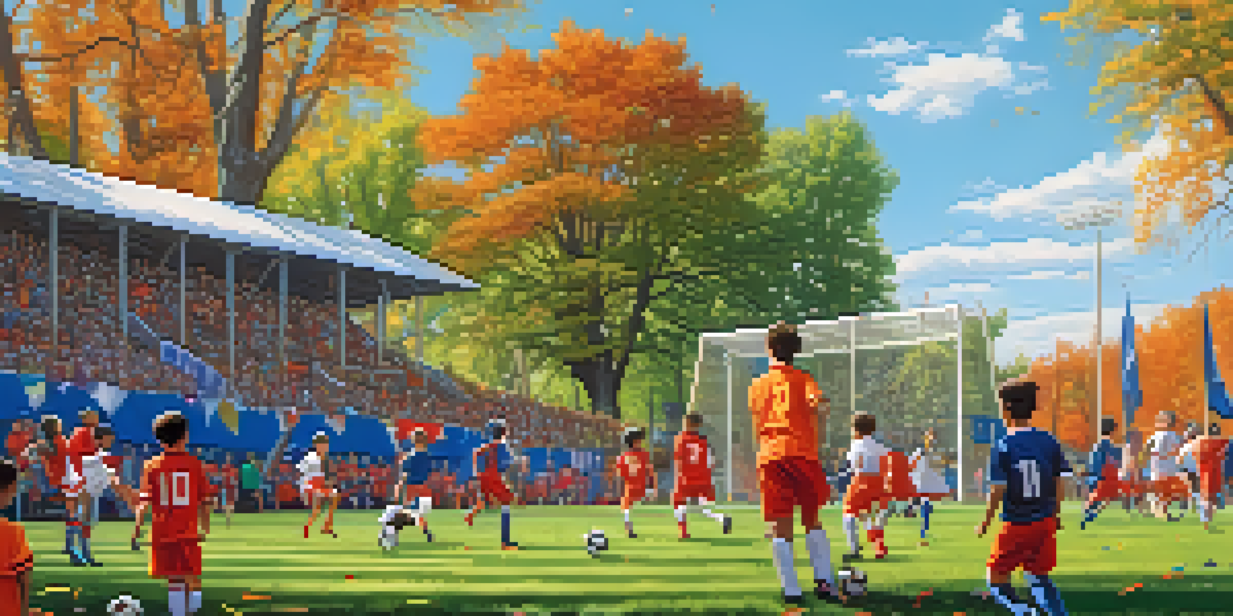 A youth soccer match in Buffalo with players in bright jerseys, a cheering crowd, and trees in the background.